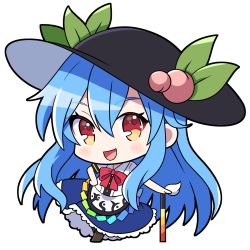 Rule 34 | 1girl, black hat, blue hair, blue skirt, blush, boots, bow, brown footwear, chibi, food, fruit, full body, hand on hilt, hand on own hip, hat, highres, hinanawi tenshi, long hair, looking at viewer, open mouth, peach, red bow, red eyes, skirt, smile, solo, sword, touhou, transparent background, weapon, yoriteruru