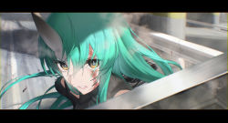 Rule 34 | 1girl, absurdres, aqua hair, arknights, blood, blood on face, day, dust, highres, horns, hoshiguma (arknights), letterboxed, long hair, looking at viewer, orange eyes, outdoors, parted lips, road, shield, single horn, skin-covered horns, solo, street, upper body, yurusu delight