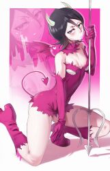 Rule 34 | 1girl, :/, absurdres, alternate costume, bare shoulders, black hair, bleach, blush, boots, breasts, commentary, covered navel, demon girl, demon horns, demon tail, demon wings, detached collar, dress, elbow gloves, english commentary, fingernails, gloves, gradient background, hair between eyes, highres, holding trident, horns, knee boots, kuchiki rukia, looking at viewer, on one knee, pink dress, pink footwear, pink gloves, purple eyes, shadow, sharp fingernails, short dress, short hair, slit pupils, small breasts, strapless, strapless dress, tail, waligner, wings, zoom layer