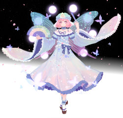 Rule 34 | 1girl, :|, absurdres, adapted costume, ankle cuffs, artist name, bare shoulders, blue dress, blue hat, blue ribbon, brown footwear, bug, butterfly, butterfly wings, closed mouth, collar, commentary, dated, dress, expressionless, folding fan, frilled collar, frilled sleeves, frills, full body, geta, hand fan, hands up, hat, highres, holding, holding fan, insect, insect wings, leg ribbon, light blush, long sleeves, looking at viewer, mob cap, neck ribbon, off-shoulder dress, off shoulder, pink eyes, pink hair, ribbon, saigyouji yuyuko, short hair, solo, tabi, touhou, transparent wings, triangular headpiece, white legwear, wide sleeves, wings, xia pian