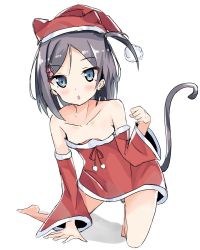 Rule 34 | 10s, 1girl, :o, all fours, alternate costume, animal hat, bad id, bad pixiv id, bare shoulders, barefoot, black hair, blue eyes, blush, cat hat, cat tail, chestnut mouth, christmas, clenched hand, collarbone, detached sleeves, dress, full body, fur trim, grey hair, hair ornament, hair tie, hairclip, hat, hentai ouji to warawanai neko., kanisaka shizuku, looking at viewer, no bra, one side up, open mouth, parted bangs, paw pose, pom pom (clothes), red dress, ribbon, santa costume, santa hat, short dress, short hair, sketch, solo, strapless, strapless dress, swept bangs, tail, tsutsukakushi tsukiko, wide sleeves