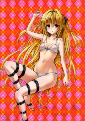 Rule 34 | 1girl, absurdres, arm up, bare shoulders, barefoot, belly, bikini, blonde hair, breasts, checkered background, cleavage, color halftone, feet, groin, highres, konjiki no yami, long hair, looking at viewer, lying, navel, parted lips, plaid, plaid background, red eyes, scan, scan artifacts, side-tie bikini bottom, solo, strap, string bikini, swimsuit, thigh strap, to love-ru, toes, two side up, very long hair, white bikini, yabuki kentarou