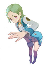 Rule 34 | 00s, 1girl, bent over, boots, eureka (eureka seven), eureka seven, eureka seven (series), foreshortening, full body, green hair, gunpom, hair ornament, hairclip, looking at viewer, purple eyes, short hair, simple background, solo, standing, white background