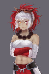 Rule 34 | 1girl, bandages, blue background, chest sarashi, crossed arms, dark-skinned female, dark skin, facial mark, fire emblem, fire emblem fates, fur trim, grey background, hino michi, jewelry, mask, mask on head, midriff, multicolored eyes, muscular, muscular female, navel, necklace, nintendo, orange eyes, red eyes, rinkah (fire emblem), sarashi, simple background, solo, white hair