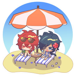 Rule 34 | 2boys, :&lt;, :d, antenna hair, beach chair, beach umbrella, black shorts, blue eyes, blue hair, blue shirt, blue sky, blush, blush stickers, book, chair, chibi, closed mouth, cloud, collared shirt, commentary request, crossed bangs, cup, dark-skinned male, dark skin, day, diluc (genshin impact), drinking glass, drinking straw, eyepatch, eyewear on head, flip-flops, floral print, flower, frown, genshin impact, grey shorts, hair between eyes, hair flower, hair intakes, hair ornament, hawaiian shirt, hibiscus, holding, holding book, holding cup, kaeya (genshin impact), koma (km mmmk), long hair, low ponytail, male focus, multicolored hair, multiple boys, navel, on chair, one eye covered, open book, open clothes, open mouth, open shirt, orange shirt, outdoors, palm tree print, parted bangs, ponytail, print shirt, red eyes, red flower, red hair, sand, sandals, seashell, shade, shell, shirt, short sleeves, shorts, sidelocks, simple background, sitting, sky, smile, star (symbol), starfish, streaked hair, sunglasses, swept bangs, table, tropical drink, umbrella, unworn sandals, white background, white footwear