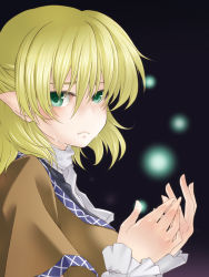 Rule 34 | 1girl, arm warmers, black shirt, blonde hair, breasts, brown jacket, closed mouth, commentary request, crying, crying with eyes open, green eyes, hair between eyes, half updo, highres, jacket, looking at viewer, medium breasts, mizuhashi parsee, multicolored clothes, multicolored jacket, orippa, pointy ears, scarf, shirt, short hair, short sleeves, solo, tears, touhou, upper body, white scarf