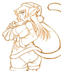 Rule 34 | 1girl, animal ears, ass, breasts, breath of fire, breath of fire v, cat ears, cat girl, christmas, covered erect nipples, dr.p, female focus, large breasts, lin (breath of fire), long hair, looking at viewer, monochrome, sideboob, solo, tail, thighhighs, white background