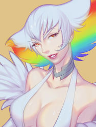 Rule 34 | 10s, 1girl, bare shoulders, breasts, canonfalao, choker, cleavage, dress, feathers, highres, kill la kill, kiryuuin ragyou, low neckline, mature female, multicolored hair, orange eyes, parted lips, rainbow hair, simple background, white dress, white hair