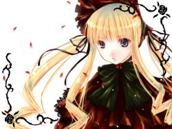 Rule 34 | 00s, 1girl, blonde hair, blue eyes, bonnet, bow, cropped jacket, curly hair, dress, drill hair, flower, frills, hair ribbon, long hair, petals, red dress, ribbon, rose, rozen maiden, shinku, solo, twintails, white background