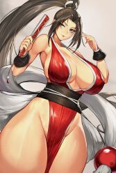 Rule 34 | 1girl, absurdres, breasts, curvy, fan, fatal fury, gurimjang, highres, huge breasts, long hair, looking at viewer, ponytail, revealing clothes, shiny skin, shiranui mai, the king of fighters, wide hips, yellow eyes