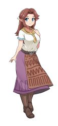Rule 34 | 1girl, absurdres, babusgames, belt, blue eyes, blush, boots, breasts, brown belt, brown footwear, brown hair, closed mouth, collarbone, commentary, english commentary, hand up, highres, long hair, long skirt, looking at viewer, malon, medium breasts, nintendo, parted bangs, pink skirt, pointy ears, shirt, short sleeves, simple background, skirt, smile, solo, standing, the legend of zelda, the legend of zelda: ocarina of time, triforce, white background