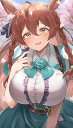 Rule 34 | 1girl, absurdres, ahoge, animal ears, blush, braid, breasts, brown eyes, brown hair, cherry blossoms, commentary request, hair between eyes, highres, horse ears, horse girl, large breasts, long hair, looking at viewer, mejiro bright (umamusume), open mouth, petals, solo, tirano rinko, tree, twin braids, umamusume