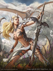 Rule 34 | 1girl, alex negrea, armor, bare shoulders, bird, blonde hair, blue eyes, bodysuit, breasts, center opening, cleavage, cloud, dated, flower, grass, headband, legend of the cryptids, lipstick, long hair, makeup, midriff, navel, official art, prehistoric animal, pterosaur, revealing clothes, sky, solo, sword, teeth, weapon