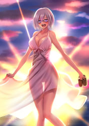 Rule 34 | 1girl, alternate costume, blush, breasts, cleavage, dress, fate/grand order, fate (series), glasses, hair over one eye, highres, large breasts, mash kyrielight, open mouth, purple eyes, purple hair, see-through silhouette, shoes, unworn shoes, short hair, silhouette, smile, solo, sunlight, takecha, white dress