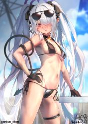 Rule 34 | 1girl, aekun cben, bikini, black bikini, black choker, black gloves, black ribbon, blue archive, blue sky, blurry, blurry background, blush, breasts, choker, dated, demon tail, eyewear on head, gloves, hair over one eye, hair ribbon, hand on own hip, hand on table, highres, iori (blue archive), iori (swimsuit) (blue archive), looking at viewer, multi-strapped bikini bottom, navel, open mouth, parasol, pointy ears, red eyes, ribbon, side-tie bikini bottom, signature, silver hair, sky, small breasts, solo, stomach, sunglasses, swimsuit, tail, thigh strap, twintails, umbrella