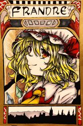 Rule 34 | 1girl, art nouveau, ascot, blonde hair, character name, closed mouth, collared shirt, crystal, flandre scarlet, from side, hat, hat ribbon, highres, medium hair, mob cap, multicolored wings, red eyes, red ribbon, ribbon, shiraniwa rin, shirt, solo, touhou, traditional media, upper body, white hat, white shirt, wings, yellow ascot