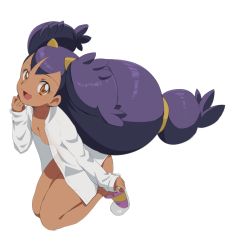 Rule 34 | 1girl, bare legs, blue hair, breasts, brown eyes, creatures (company), dark-skinned female, dark skin, female focus, full body, game freak, hair ornament, iris (pokemon), kijouyu, kneeling, long hair, long sleeves, looking at viewer, nintendo, no bra, no pants, open clothes, open mouth, pokemon, pokemon bw, small breasts, smile, solo, unbuttoned, unbuttoned shirt, very long hair