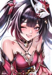 Rule 34 | 1girl, bare shoulders, black hair, black sash, commentary, criss-cross halter, detached sleeves, dress, fox mask, grin, halterneck, highres, honkai: star rail, honkai (series), long hair, looking at viewer, mask, mask on head, o-ring, obi, one eye closed, pink eyes, pink lips, red dress, sash, smile, solleen, solo, sparkle (honkai: star rail), twintails, upper body