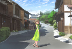Rule 34 | 1girl, bare arms, bare shoulders, blue sky, broom, brown eyes, brown hair, building, closed mouth, cloud, cloudy sky, day, dress, eichisu, grass, green dress, hair between eyes, house, looking at viewer, looking to the side, low twintails, mountain, nature, no socks, original, outdoors, road, scenery, shoes, sign, sky, sleeveless, sleeveless dress, solo, standing, street, town, tree, twintails