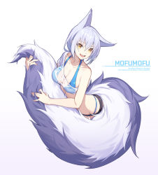 Rule 34 | 1girl, :d, animal ears, arknights, bikini, bikini under clothes, blue bikini, breasts, cleavage, commentary request, gradient background, highres, large breasts, long hair, looking at viewer, nian (zhanian), open mouth, provence (arknights), purple hair, see-through, shirt, simple background, single-shoulder shirt, smile, solo, swimsuit, tail, tail grab, teeth, upper teeth only, weibo watermark, yellow eyes