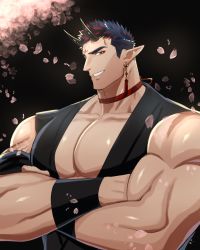 Rule 34 | 1boy, bara, biceps, black background, blue hair, cherry blossoms, collar, crossed arms, demon horns, ear piercing, earrings, falling petals, feet out of frame, fle0423, highres, horns, japanese clothes, jewelry, kimono, large pectorals, looking at viewer, male focus, manly, mature male, multicolored hair, muscular, muscular male, original, pectorals, petals, piercing, ponytail, red eyes, red hair, simple background, smirk, solo, stud earrings, teeth, thick arms, thick eyebrows, upper body, wristband, yukata