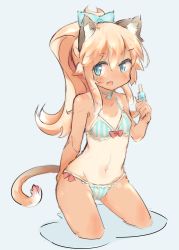 Rule 34 | 1girl, animal ears, bikini, blonde hair, blue bikini, blue eyes, bow, bow bikini, breasts, cat ears, cat tail, choker, eyebrows, fang, food, frilled bikini, frills, grey background, hair ornament, ice cream, long hair, navel, one-piece tan, open mouth, original, ponytail, simple background, small breasts, solo, striped bikini, striped clothes, swimsuit, tail, tan, tanline, thick eyebrows, tomcat (moconeko)