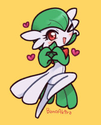 Rule 34 | 1girl, artist name, bano akira, blush, bob cut, bright pupils, colored skin, creatures (company), female focus, flat chest, full body, game freak, gardevoir, gen 3 pokemon, green hair, green skin, hands up, happy, heart, heart hands, leg up, legs, looking at viewer, multicolored skin, nintendo, one eye closed, open mouth, own hands together, pokemon, pokemon (creature), raised eyebrows, red eyes, short hair, signature, simple background, smile, solo, standing, standing on one leg, two-tone skin, white skin, wink, yellow background
