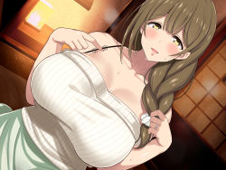 Rule 34 | 1girl, bare shoulders, blast (lyricbox), blush, braid, breasts, brown hair, cleavage, highres, huge breasts, indoors, jewelry, long hair, looking at viewer, low-tied long hair, lyricbox, mature female, off shoulder, onee-san to natsu yasumi, original, parted lips, ring, single braid, sitting, smile, solo, sweat, upper body, wedding ring, yellow eyes
