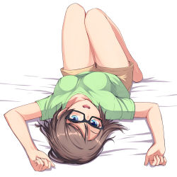 Rule 34 | 1girl, bare legs, barefoot, blouse, blue eyes, brown hair, full body, glasses, green shirt, highres, legs together, looking at viewer, love live!, love live! school idol festival, love live! sunshine!!, lying, nanotsuki, on back, open mouth, shirt, short hair, short sleeves, shorts, solo, t-shirt, teeth, thighs, upper teeth only, watanabe you
