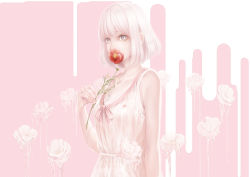 Rule 34 | 1girl, arm at side, bad id, bad pixiv id, bob cut, bouno satoshi, bow, dress, flower, flower in mouth, grey eyes, hand up, highres, jewelry, looking at viewer, necklace, original, pink hair, short hair, solo, upper body