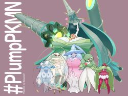 Rule 34 | 1boy, 6+girls, between breasts, black eyes, black sclera, blue eyes, blue hair, breasts, celesteela, cleavage, closed mouth, colored sclera, covered erect nipples, covered eyes, covering own mouth, creatures (company), crown, dress, faceless, faceless male, full body, game freak, gardevoir, gen 3 pokemon, gen 7 pokemon, gen 8 pokemon, gradient hair, green hair, hair over one eye, half-closed eyes, hand on own hip, hands on own hips, hat, hatterene, heart, high heels, huge breasts, kaz an, large breasts, legs, long hair, looking at viewer, multicolored eyes, multicolored hair, multiple girls, nihilego, nintendo, nipples, open mouth, pheromosa, pink hair, pokemon, pokemon (creature), puffy nipples, purple background, red eyes, short hair, simple background, size difference, smile, standing, tentacles, thighhighs, tsareena, two-tone hair, ultra beast, underboob, very long hair, white dress, white hair, wide hips, witch hat