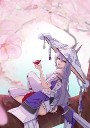 Rule 34 | 1girl, :d, absurdres, armor, ass, bodysuit, breasts, cherry blossoms, clothing cutout, cup, goddess of victory: nikke, grey hair, hat, highres, hip armor, holding, japanese armor, jingasa, krenai nomod, large hat, leotard, long hair, looking at viewer, medium breasts, open mouth, sakazuki, scarlet (nikke), shoulder armor, sitting, smile, sode, solo, sword, tree, weapon, white bodysuit, white leotard, yellow eyes