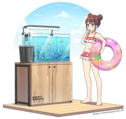 Rule 34 | 1girl, animal, bare arms, bare legs, bare shoulders, barefoot, bikini, blue sky, blush, brown eyes, brown hair, carrying, carrying under arm, chinese commentary, closed mouth, cloud, clownfish, collarbone, commentary request, day, double bun, fish, fish tank, hair bun, hatsunatsu, innertube, original, polka dot, polka dot bikini, red bikini, simple background, sky, smile, solo, star (symbol), star print, swim ring, swimsuit, watermark, web address, white background, white bikini