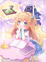 1girl ahoge arm_support blue_bow blue_eyes blue_skirt blush book bow desk_lamp fang food food_request frilled_skirt frills hair_bow hair_ornament highres indoors lamp long_hair looking_at_viewer low_twintails momochi_chia open_book open_mouth pointy_ears primula_(z/x) saliva sidelocks sitting skirt smile solo sparkle star-shaped_pupils star_(symbol) star_hair_ornament symbol-shaped_pupils twintails two_side_up window z/x