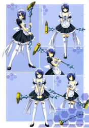 Rule 34 | 1girl, absurdres, arms behind back, blue eyes, blue hair, bow, character sheet, choker, closed eyes, dress, hammer, highres, holding, holding weapon, kouno itsuki, looking at viewer, maid, maid headdress, multiple views, non-web source, phantom breaker, puffy short sleeves, puffy sleeves, short hair, short sleeves, simple background, smile, standing, suzuhira hiro, thighhighs, weapon, white dress, white thighhighs, wrist cuffs, zettai ryouiki