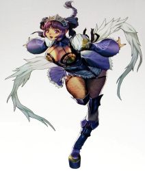 Rule 34 | 1girl, bad aspect ratio, boots, braid, breasts, cleavage, crown, demons code, detached sleeves, hair ornament, homare (fool&#039;s art), juliet sleeves, knee boots, large breasts, long sleeves, looking at viewer, miniskirt, nail polish, non-web source, puffy sleeves, purple eyes, purple hair, simple background, skirt, smile, solo