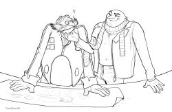 Rule 34 | 2boys, ?, arm support, artist name, bald, blueprint (object), chest hair, closed mouth, coat, cowboy shot, crossover, despicable me, dr. eggman, eye contact, eyewear on head, facial hair, fat, fat man, glasses, gloves, goggles, greyscale, half-closed eyes, hand on another&#039;s chin, hand up, igor ivinski, jacket, leaning forward, long sleeves, looking at another, male focus, monochrome, multiple boys, mustache, navel, no shirt, open clothes, open jacket, paper, pince-nez, round eyewear, scarf, shirt, signature, simple background, sketch, sonic (series), standing, stomach, totesfleisch8, white background, yaoi, zipper, zipper pull tab