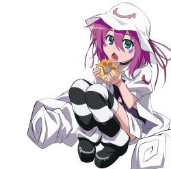 Rule 34 | 1girl, choker, doughnut, eating, fang, female focus, food, full body, green eyes, hat, highres, jacket, merry nightmare, open mouth, purple hair, short hair, sitting, skirt, solo, striped clothes, striped thighhighs, thighhighs, torasen (artist), transparent background, vector trace, yumekui merry