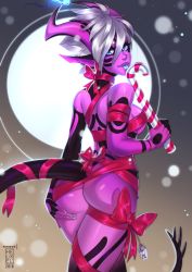 Rule 34 | 1girl, 2019, artist name, ass, bare shoulders, black skin, blue eyes, bow, breasts, candy, candy cane, colored skin, commentary, demon girl, demon horns, demon tail, food, from behind, gift card, grey hair, helixel, highres, holding, holding candy, holding candy cane, holding food, horns, lips, looking at viewer, looking back, medium breasts, medium hair, moon, multicolored skin, nail polish, naked ribbon, original, pink bow, pink ribbon, pink skin, pointy ears, ribbon, solo, tail, tongue, tongue out, two-tone skin
