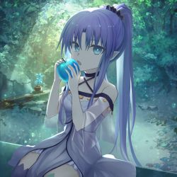 Rule 34 | 1girl, apple, asymmetrical legwear, bare shoulders, blue dress, blue eyes, blue hair, blue thighhighs, blush, breasts, collarbone, dress, eating, fate/grand order, fate (series), food, fruit, green thighhighs, kaze minoru so-ru, long hair, looking at viewer, medea (lily) (fate), mismatched legwear, pelvic curtain, pointy ears, ponytail, sidelocks, sitting, small breasts, solo, thighhighs