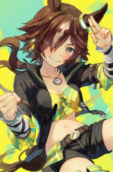 Rule 34 | 1girl, :d, animal ears, black jacket, black shorts, breasts, brown hair, cleavage, grin, hair over one eye, highres, horse ears, horse girl, horse tail, jacket, jewelry, long hair, navel, open mouth, ring, shirt, shorts, smile, stopwatch, stopwatch around neck, syuri22, tail, teeth, umamusume, vodka (umamusume), yellow background, yellow eyes, yellow shirt, zipper