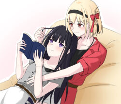 2girls black_hair black_hairband black_shirt blonde_hair blush book bow closed_mouth coat commentary_request cuddling grey_shirt hair_bow hairband hand_in_another&#039;s_hair holding holding_book inoue_takina kyoko_(kyouko0120) lycoris_recoil lying lying_on_person multiple_girls nishikigi_chisato on_back one_side_up purple_eyes reading red_bow red_coat red_eyes shirt short_hair skirt smile white_skirt yuri