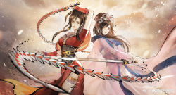Rule 34 | 2girls, absurdres, brown hair, chi lian (qin shi ming yue), dress, hair bun, highres, holding, holding sword, holding weapon, holding whip, jacket, long sleeves, multiple girls, official alternate costume, official alternate hairstyle, pink jacket, qinshi mingyue, red dress, reverse grip, sash, see-through, see-through jacket, see-through sleeves, smile, sword, tiara, weapon, white dress, zai zai a