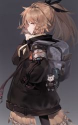 Rule 34 | 1girl, absurdres, arknights, backpack, bag, beige sweater, black jacket, black legwear, commentary, cowboy shot, dark background, feather hair, feathers, from side, gradient background, grey background, grey bag, hand in pocket, highres, jacket, long hair, looking at viewer, orange hair, pinecone (arknights), ponytail, ribiadan, solo, stuffed animal, stuffed toy, teddy bear, yellow eyes