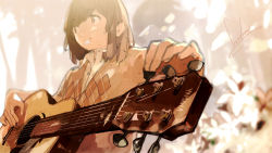 Rule 34 | 1girl, acoustic guitar, brown eyes, brown hair, buttons, collared shirt, flower, foreshortening, guitar, highres, instrument, looking away, loundraw, mouth hold, open collar, original, plectrum, product placement, sepia, shirt, short hair, signature, solo, sweater, tree, wallpaper, white shirt