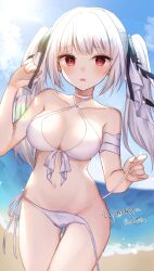 Rule 34 | 11marin, 1girl, absurdres, beach, bikini, blush, breasts, highres, indie virtual youtuber, large breasts, long hair, open mouth, red eyes, second-party source, solo, swimsuit, twintails, untied bikini, virtual youtuber, white bikini, white hair, yuzuriha himeki