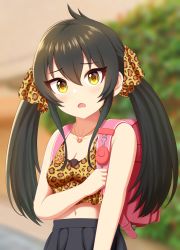 Rule 34 | animal print, backpack, bag, black hair, black skirt, blurry, blurry background, breasts, cleavage, commentary request, contamination (contami0813), crime prevention buzzer, eyelashes, hair between eyes, hair ribbon, highres, holding strap, idolmaster, idolmaster cinderella girls, jewelry, leopard print, light blush, long hair, looking at viewer, matoba risa, midriff, navel, necklace, open mouth, outdoors, pink bag, randoseru, ribbon, skirt, small breasts, solo, tank top, twintails, upper body, worried, yellow eyes