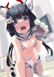 Rule 34 | 1girl, animal ears, animal hands, animal print, bikini, black hair, blush, byakko, commentary request, embarrassed, flat chest, fur collar, gloves, hair ornament, hairpin, kanro ame (ameko), kneeling, low twintails, open mouth, original, paw gloves, purple eyes, sweat, sweatdrop, swimsuit, tail, thighhighs, tiger, tiger ears, tiger girl, tiger hair ornament, tiger paws, tiger print, tiger stripes, tiger tail, twintails, white tiger