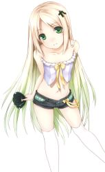 Rule 34 | 1girl, absurdres, bare shoulders, blonde hair, blush, flat chest, from above, green eyes, hair ornament, heart, highres, long hair, looking at viewer, looking up, midriff, navel, ooji, original, parted lips, ribbon, short shorts, shorts, smile, solo, thighhighs, transparent background, tsukumo-tan, very long hair, white thighhighs