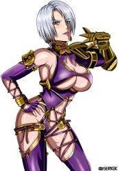 Rule 34 | blue eyes, breasts, earrings, gauntlets, hair over one eye, hand on own hip, highres, isabella valentine, ise (isejp1), jewelry, large breasts, lipstick, makeup, navel, purple lips, revealing clothes, short hair, silver hair, smile, solo, soul calibur, standing, underboob
